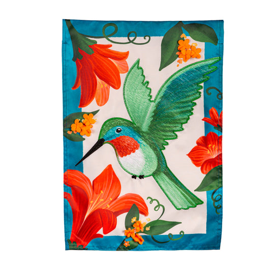 Spring Hummingbird Printed/Applique Garden Flag; Polyester 12.5"x18"