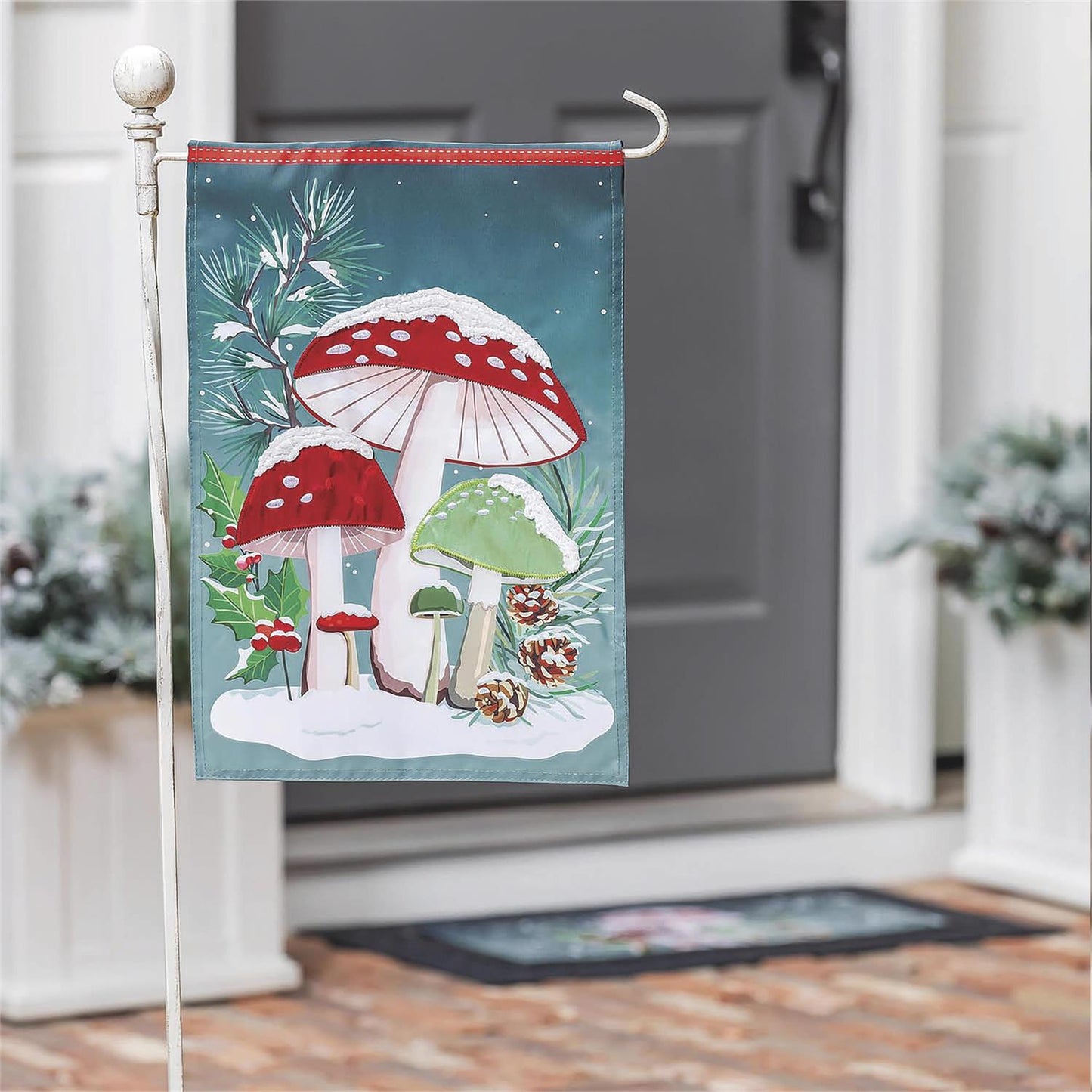 Woodland Winter Mushroom Garden Flag; Polyester