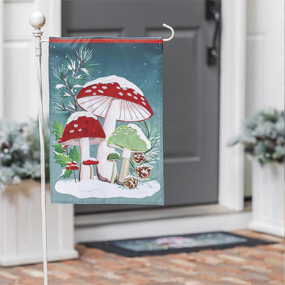 Woodland Winter Mushroom Garden Flag; Polyester