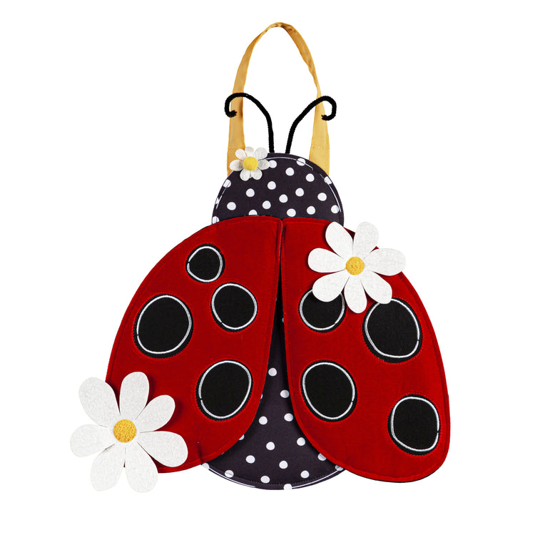 Ladybug with Daisies Welcome Door Hanger; Burlap 16"Lx15.5"W