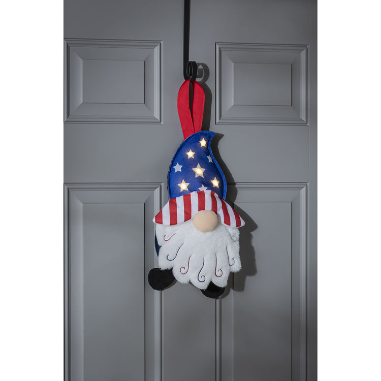 Patriotic Gnome Lit Door Hanger; Burlap 19"Lx8"W