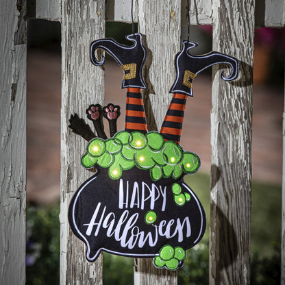Witch with Cauldron Light Up Door Hanger; Burlap 14"Lx9"W