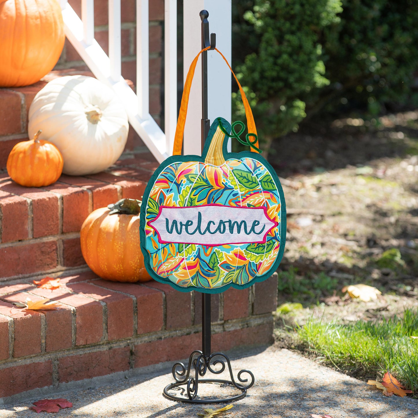 Patterned Jacobean Floral Pumpkin Door Decor Hanger