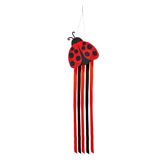 Ladybug Welcome Fabric Wind Spinner; Polyester 12"Wx48"L