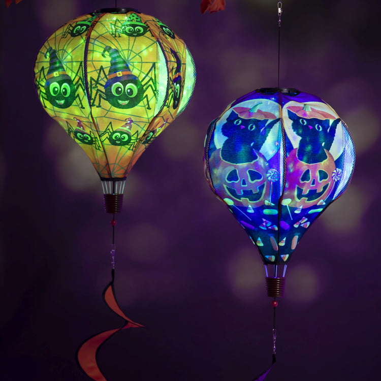 Happy Halloween Spiders Solar Burlap Hot Air Balloon Spinner; 15"x55"L