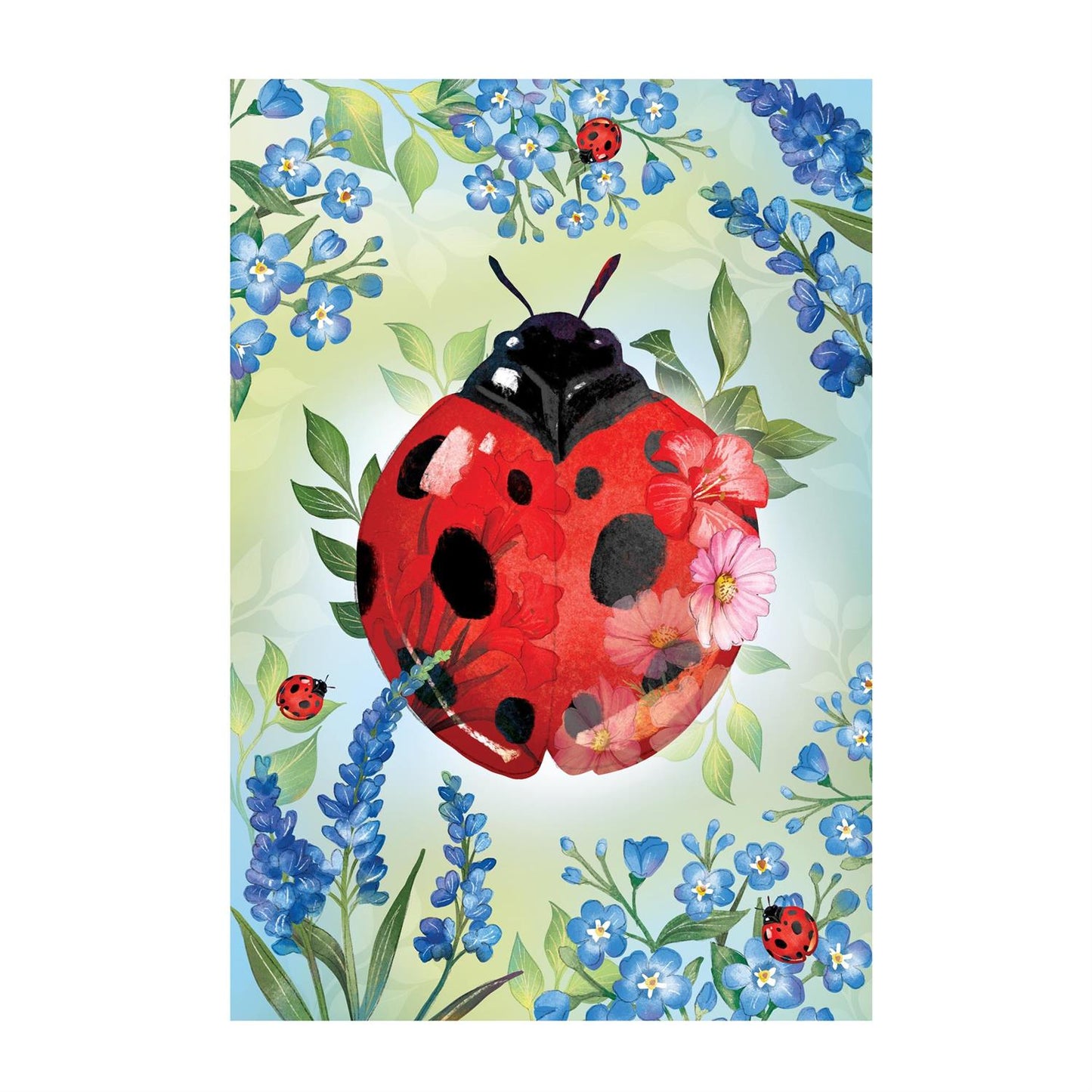 Pollinator Garden Blue Florals Ladybug Applique House Flag; Polyester