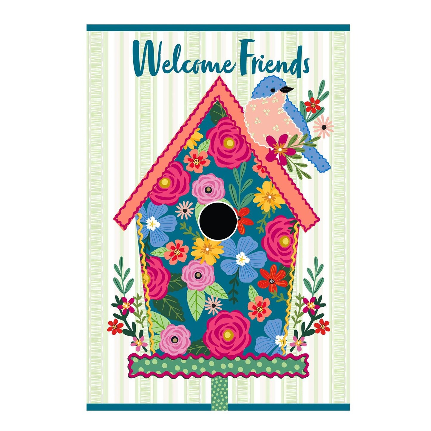 Ric Rac Bird House with Bird & Flowers Applique Garden Flag; Polyester