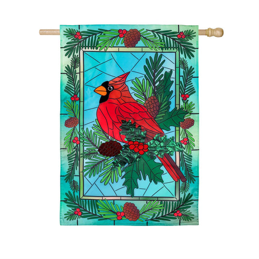 Stained Glass Winter Cardinal Printed/Applique House Flag; Polyester 28"x44"