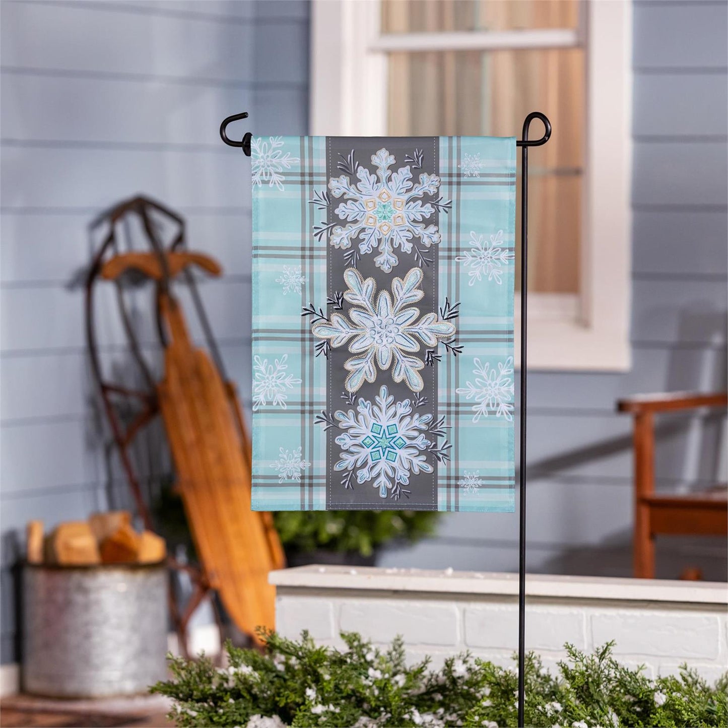 Snowflake Trio Printed/Applique Garden Flag; Polyester