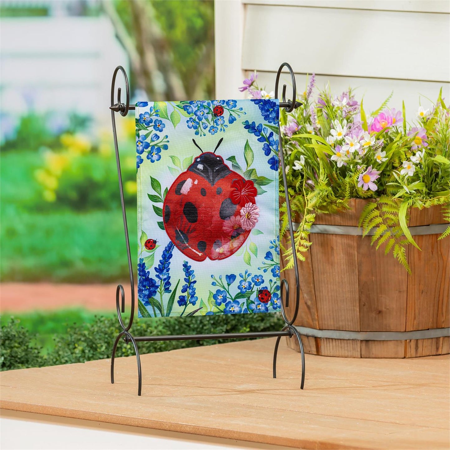 Pollinator Garden Blue Florals Ladybug Applique Garden Flag; Polyester