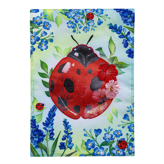 Pollinator Garden Blue Florals Ladybug Applique Garden Flag; Polyester