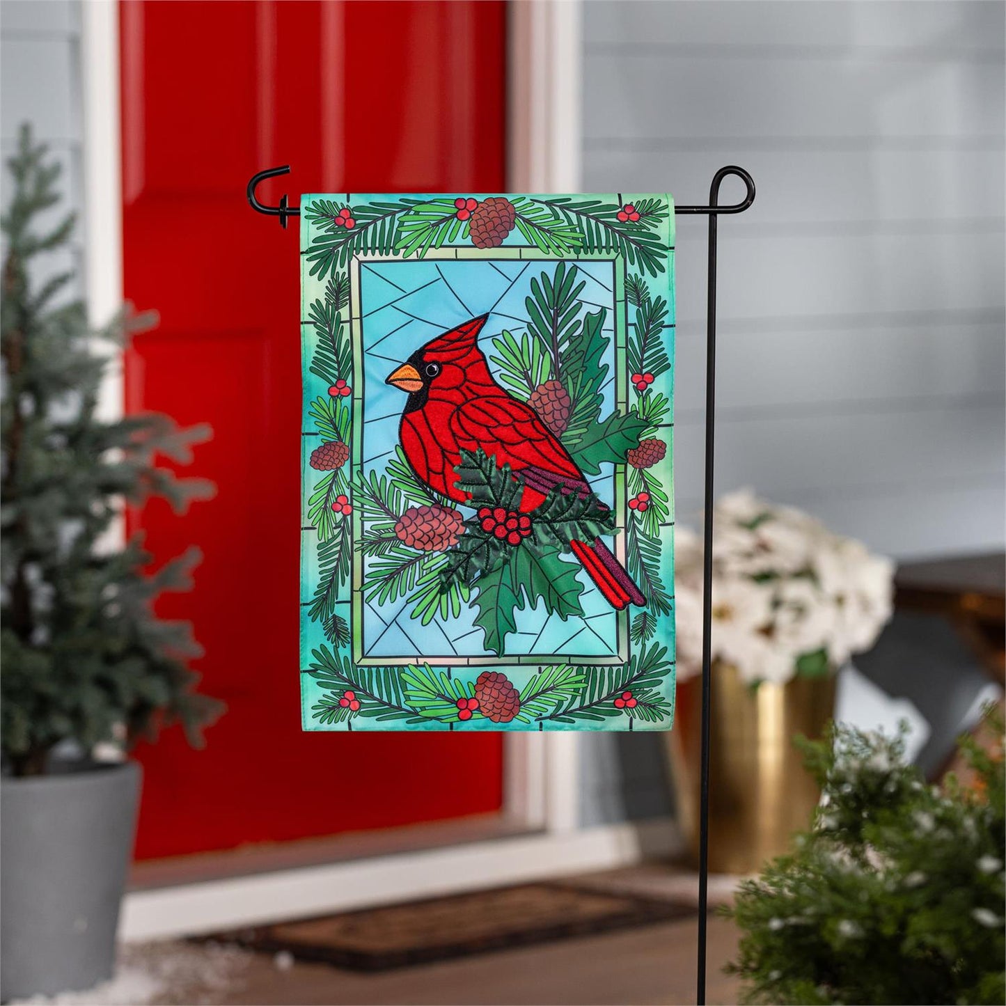 Stained Glass Winter Cardinal Printed/Applique Garden Flag; Polyester 12.5"x18"