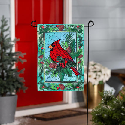 Stained Glass Winter Cardinal Printed/Applique Garden Flag; Polyester 12.5"x18"