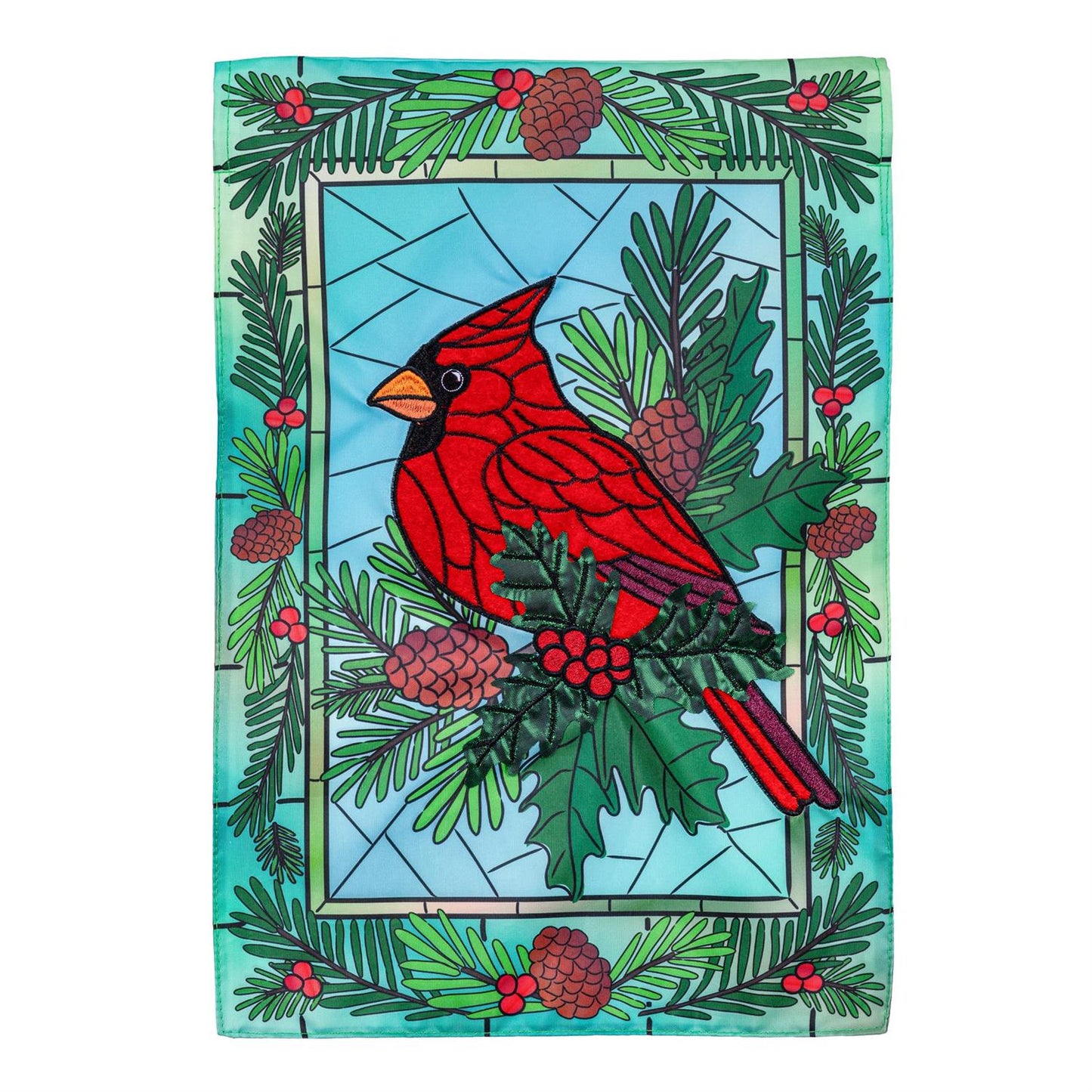 Stained Glass Winter Cardinal Printed/Applique Garden Flag; Polyester 12.5"x18"