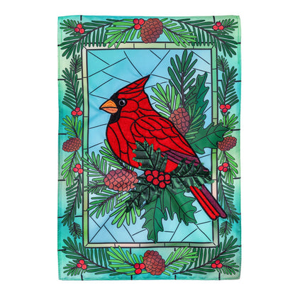 Stained Glass Winter Cardinal Printed/Applique Garden Flag; Polyester 12.5"x18"