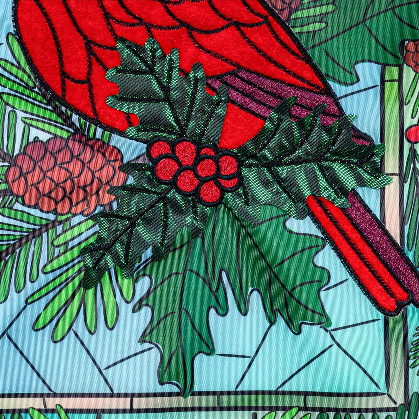 Stained Glass Winter Cardinal Printed/Applique Garden Flag; Polyester 12.5"x18"