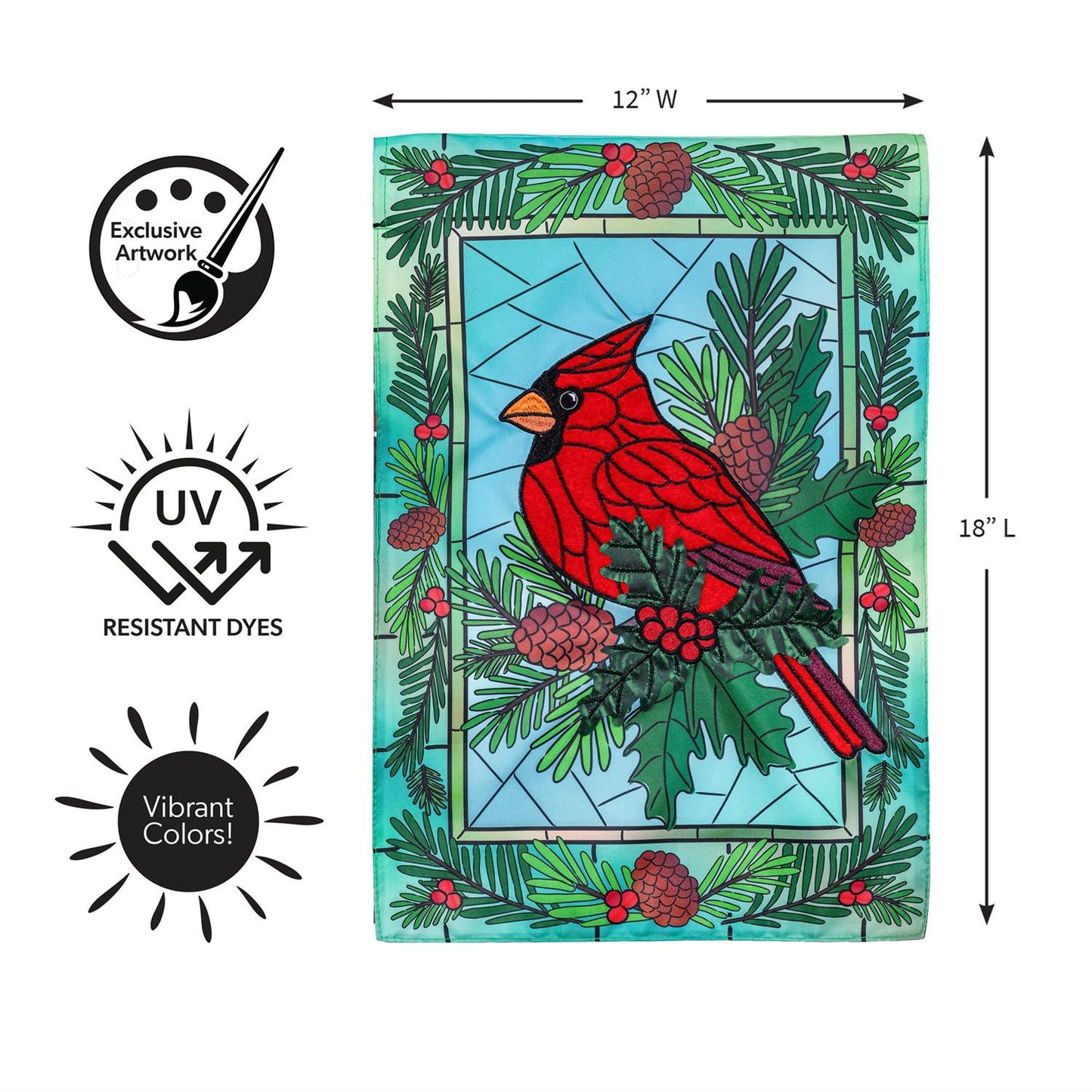Stained Glass Winter Cardinal Printed/Applique Garden Flag; Polyester 12.5"x18"