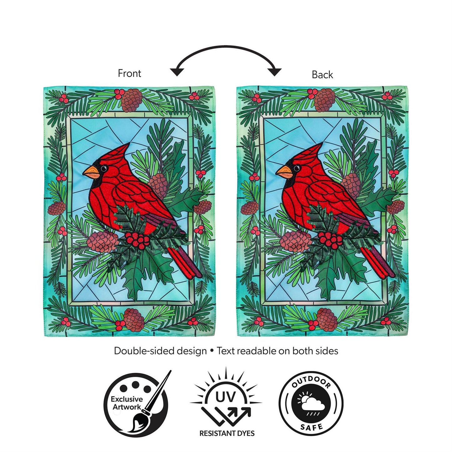 Stained Glass Winter Cardinal Printed/Applique Garden Flag; Polyester 12.5"x18"