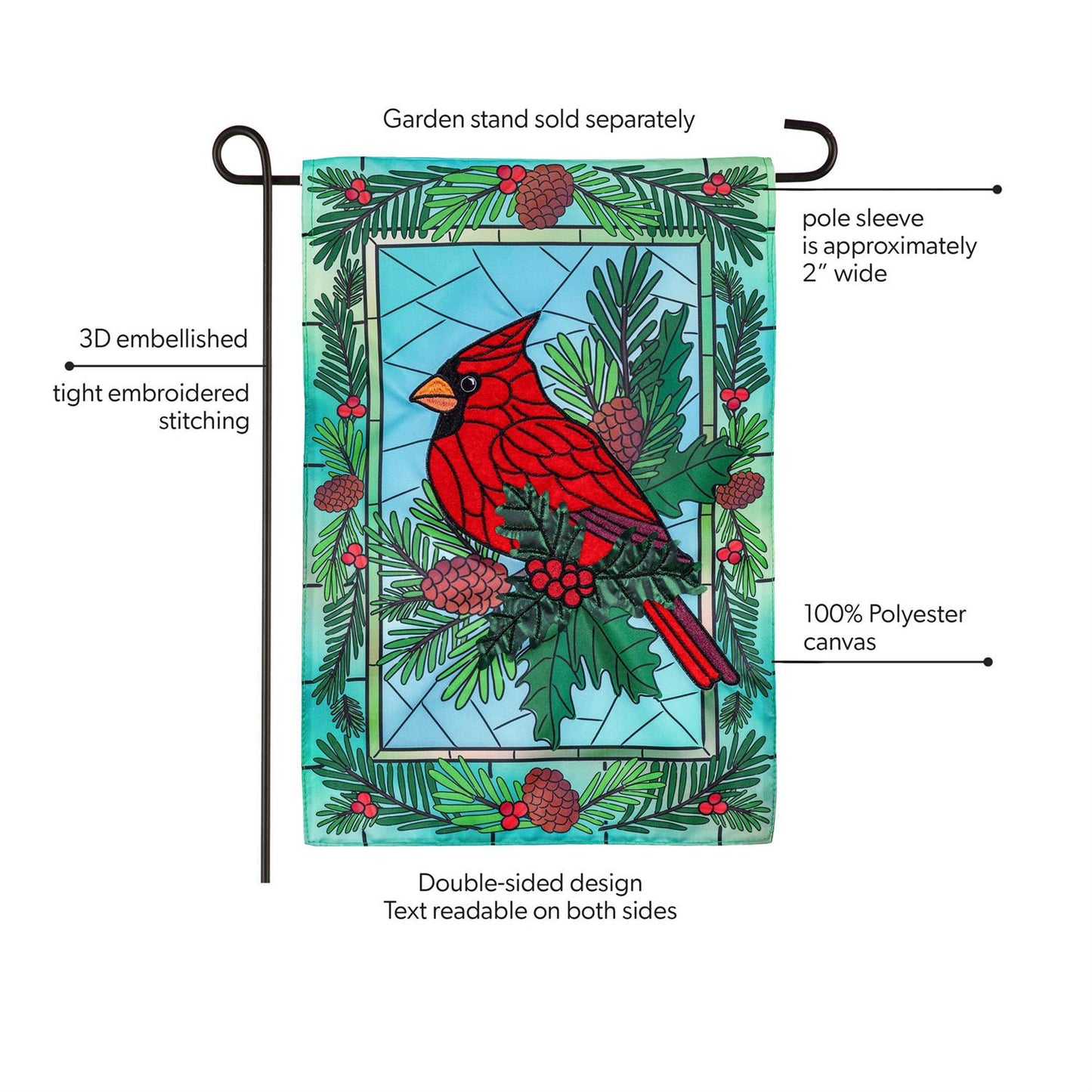 Stained Glass Winter Cardinal Printed/Applique Garden Flag; Polyester 12.5"x18"