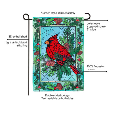 Stained Glass Winter Cardinal Printed/Applique Garden Flag; Polyester 12.5"x18"