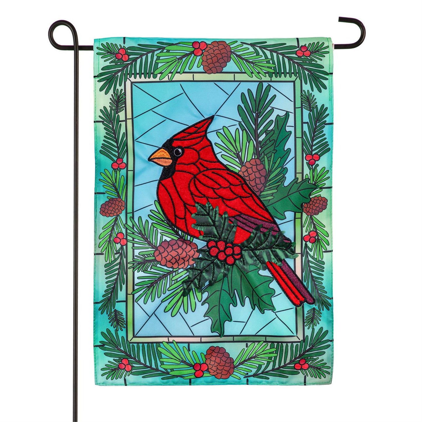 Stained Glass Winter Cardinal Printed/Applique Garden Flag; Polyester 12.5"x18"