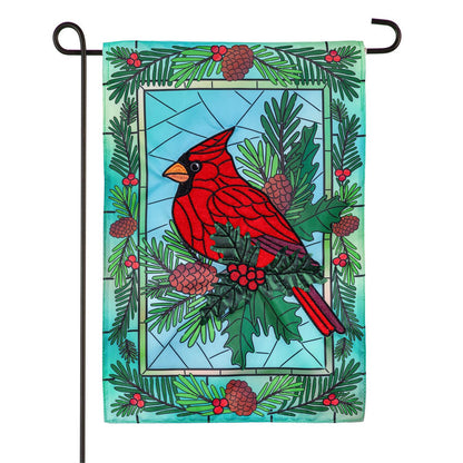 Stained Glass Winter Cardinal Printed/Applique Garden Flag; Polyester 12.5"x18"