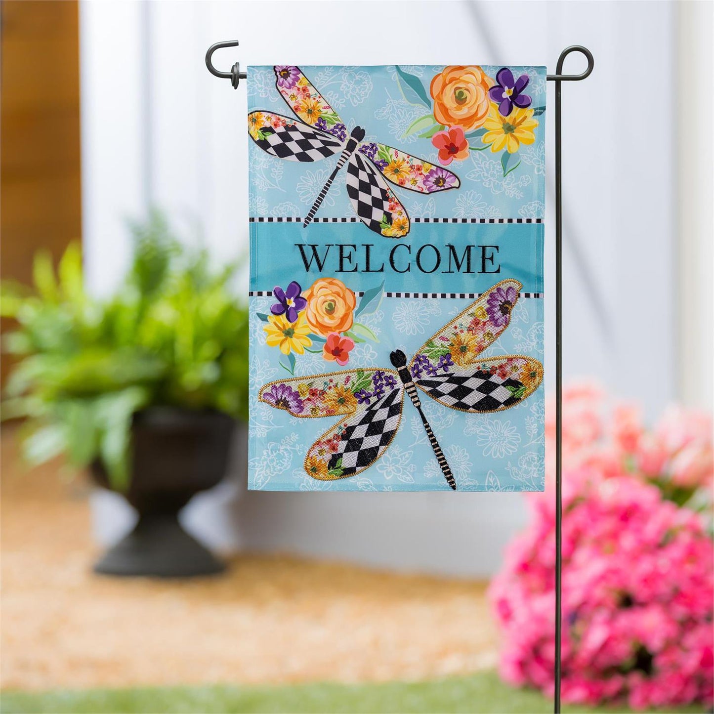 Courtly Check Dragonfly Applique Garden Flag; Polyester 12.5"x18"