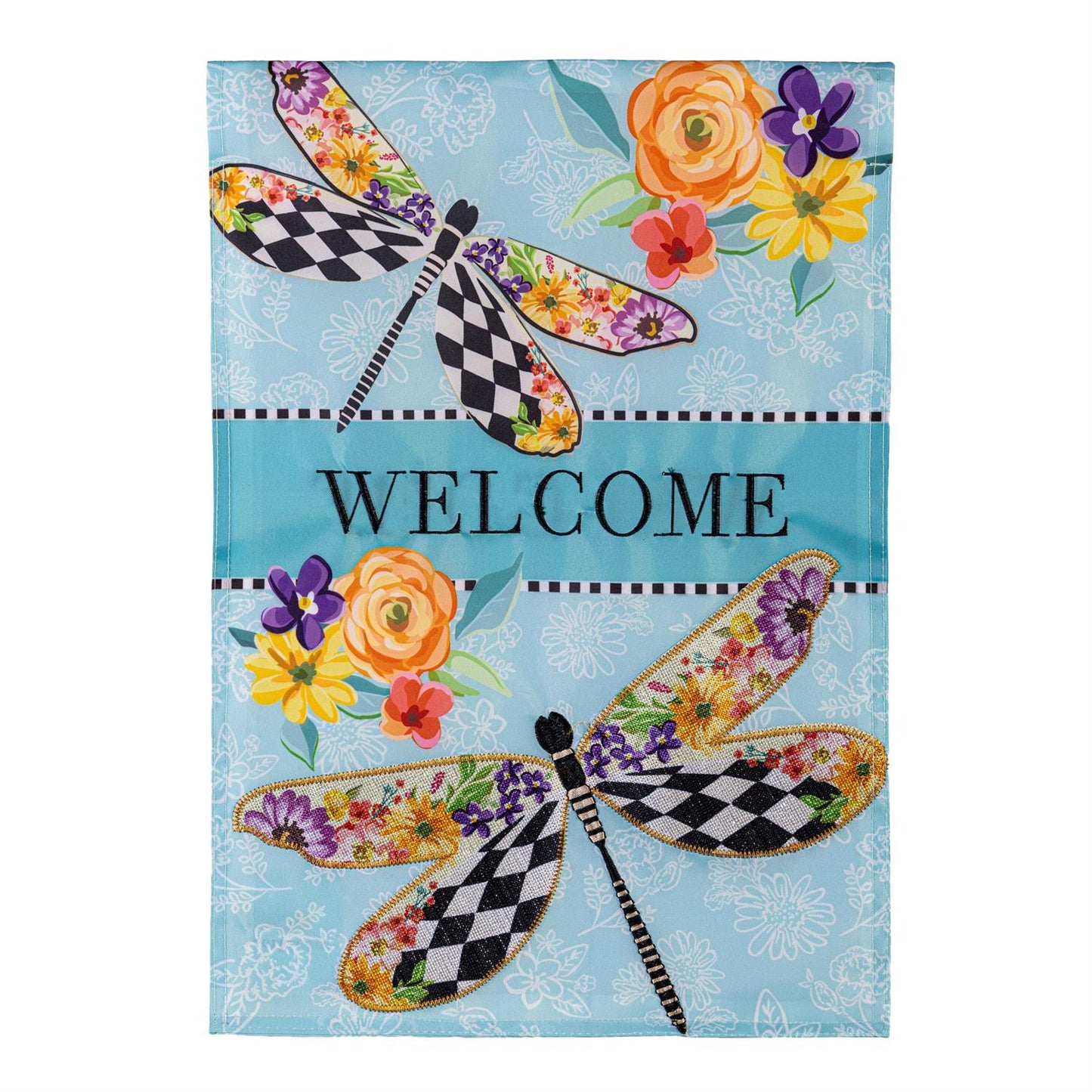 Courtly Check Dragonfly Applique Garden Flag; Polyester 12.5"x18"