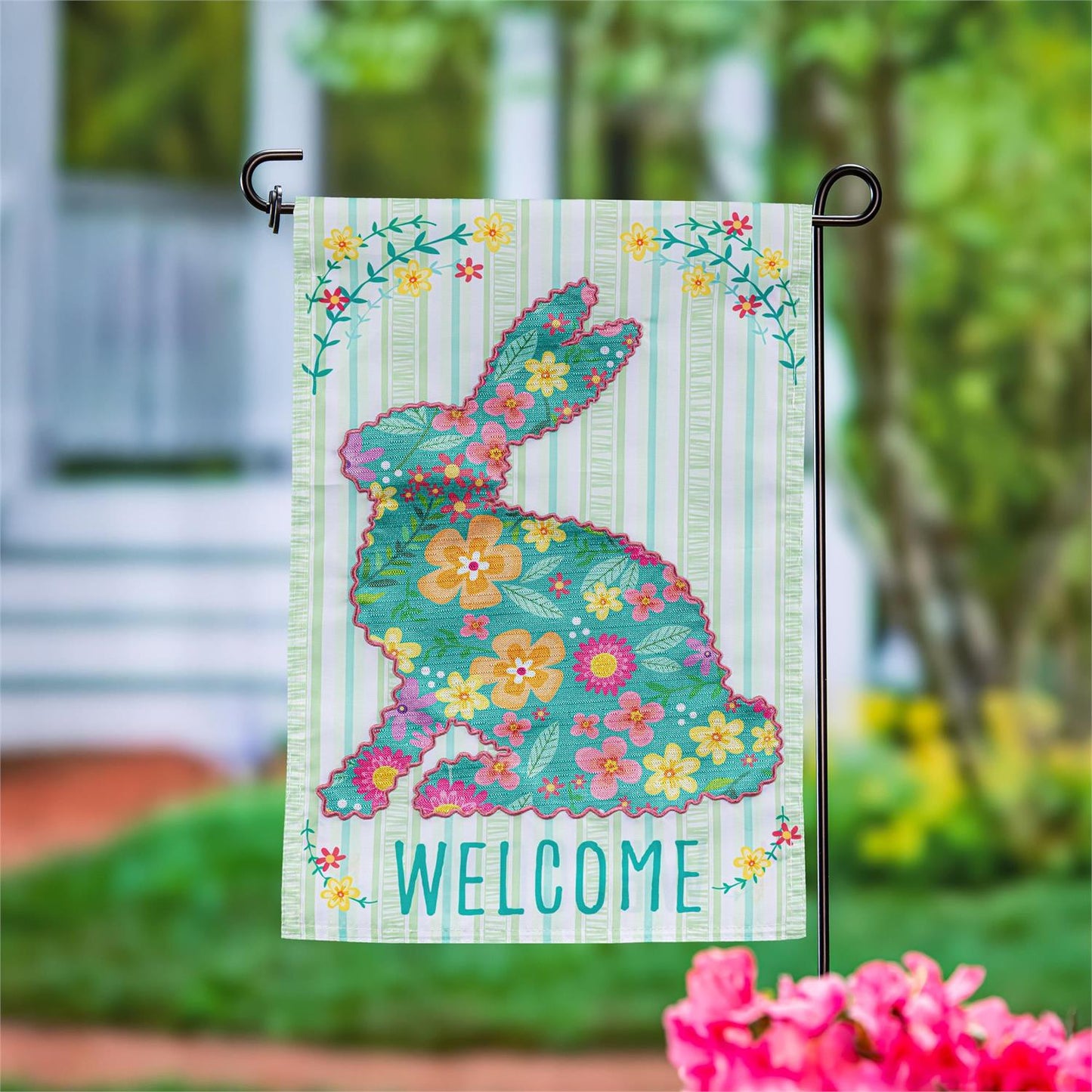 Floral Patterned Bunny Garden Flag; Polyester 12.5"x18"