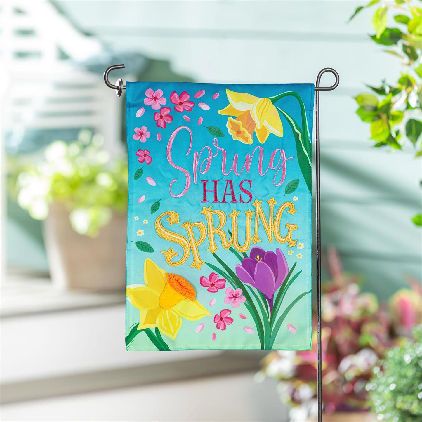 Spring Has Sprung Applique Garden Flag; Polyester 12.5"x18"