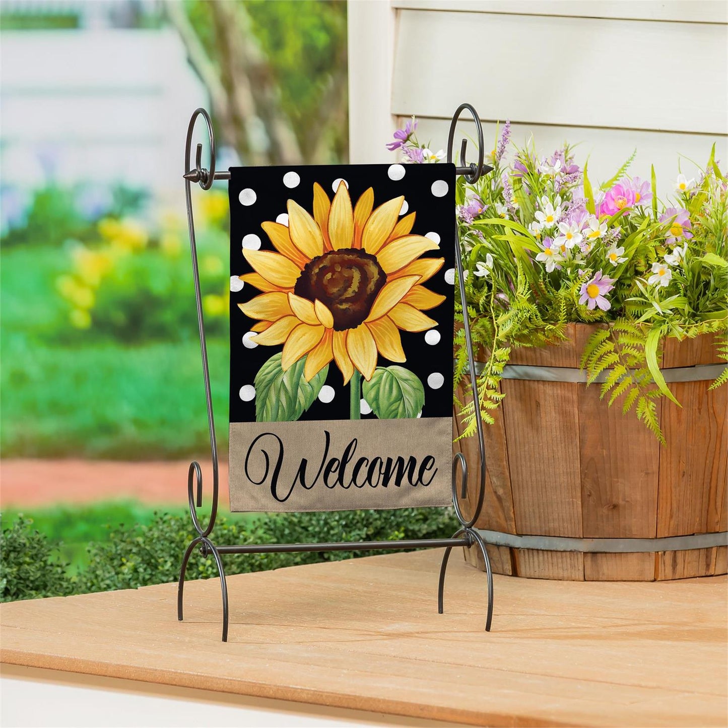 Polka Dot Sunflower Burlap Garden Flag; Polyester 12.5"x18"