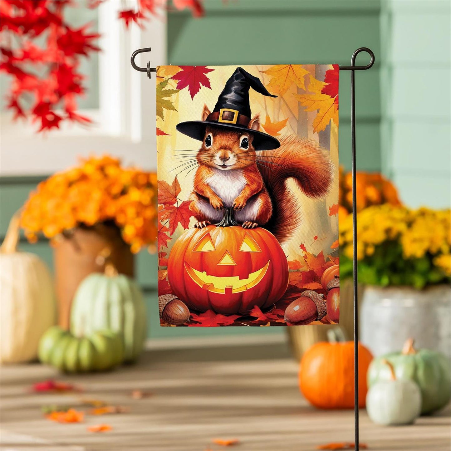 Halloween Squirrel Grove Burlap Garden Flag; Polyester 12.5"x18"