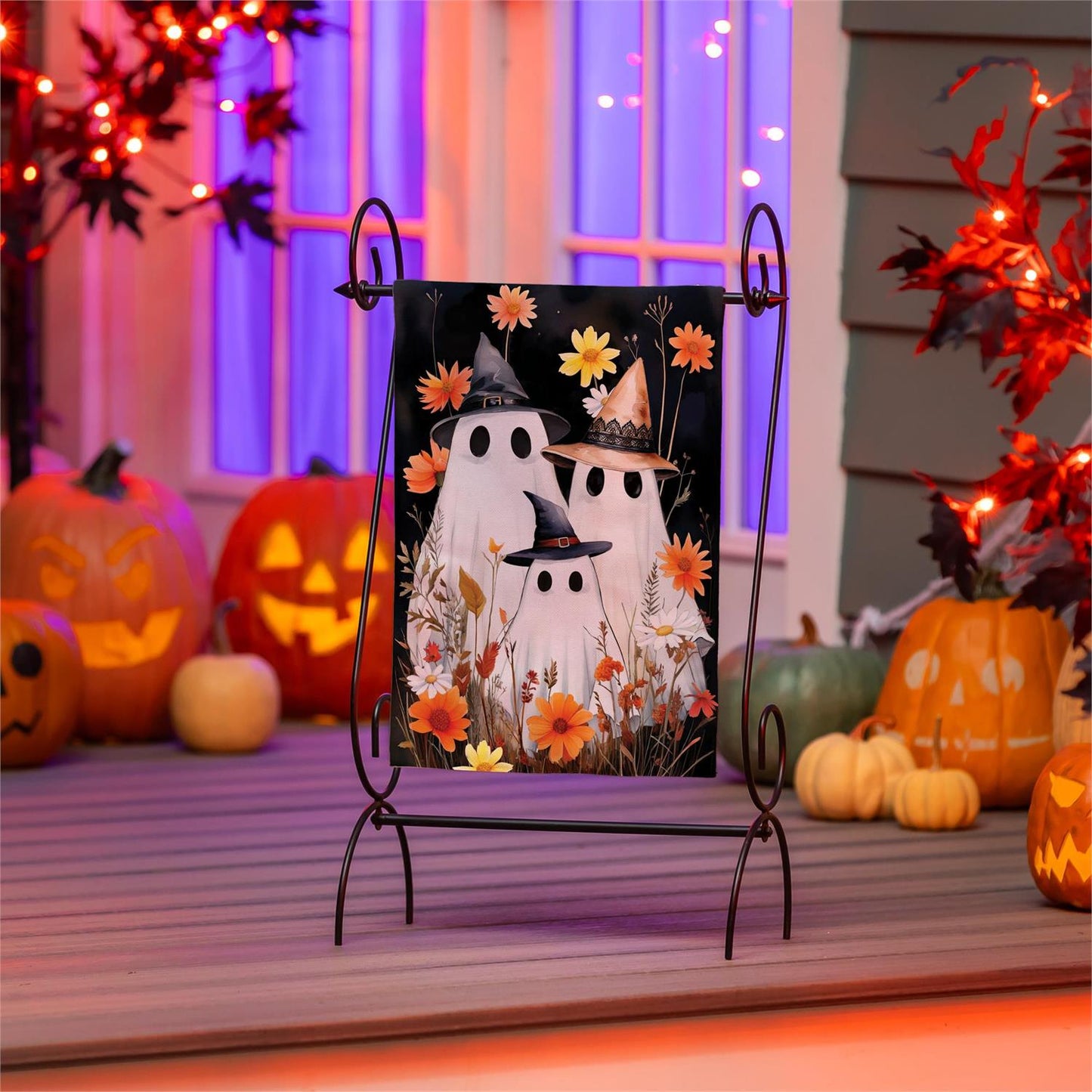 Halloween Ghost Family Burlap Garden Flag; Polyester 12.5"x18"