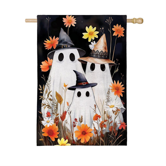 Halloween Ghost Family Burlap House Flag; Polyester 28"x44"