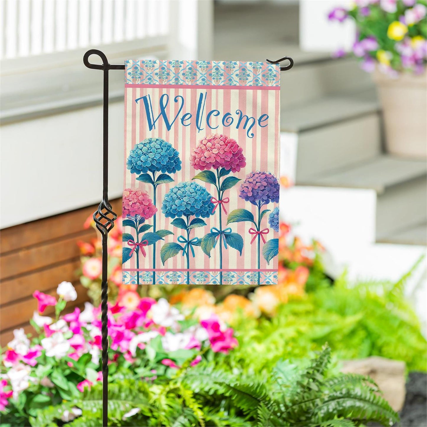 Vintage Hydrangea Burlap Garden Flag; Polyester 12.5"x18"
