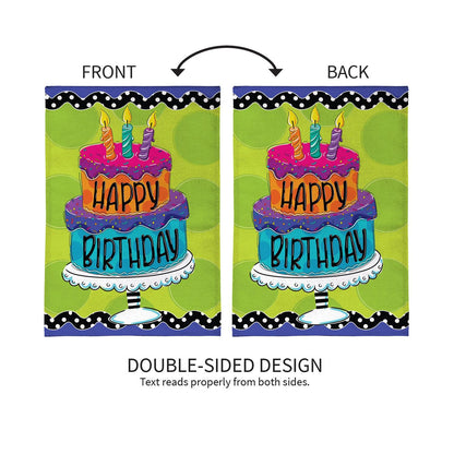 Ric Rac Happy Birthday Cake Burlap Garden Flag; Polyester 12.5"x18"