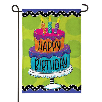 Ric Rac Happy Birthday Cake Burlap Garden Flag; Polyester 12.5"x18"