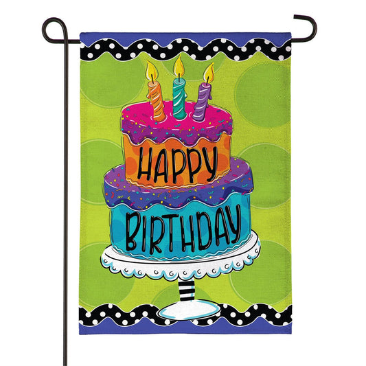 Ric Rac Happy Birthday Cake Burlap Garden Flag; Polyester 12.5"x18"
