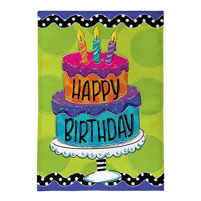 Ric Rac Happy Birthday Cake Burlap Garden Flag; Polyester 12.5"x18"