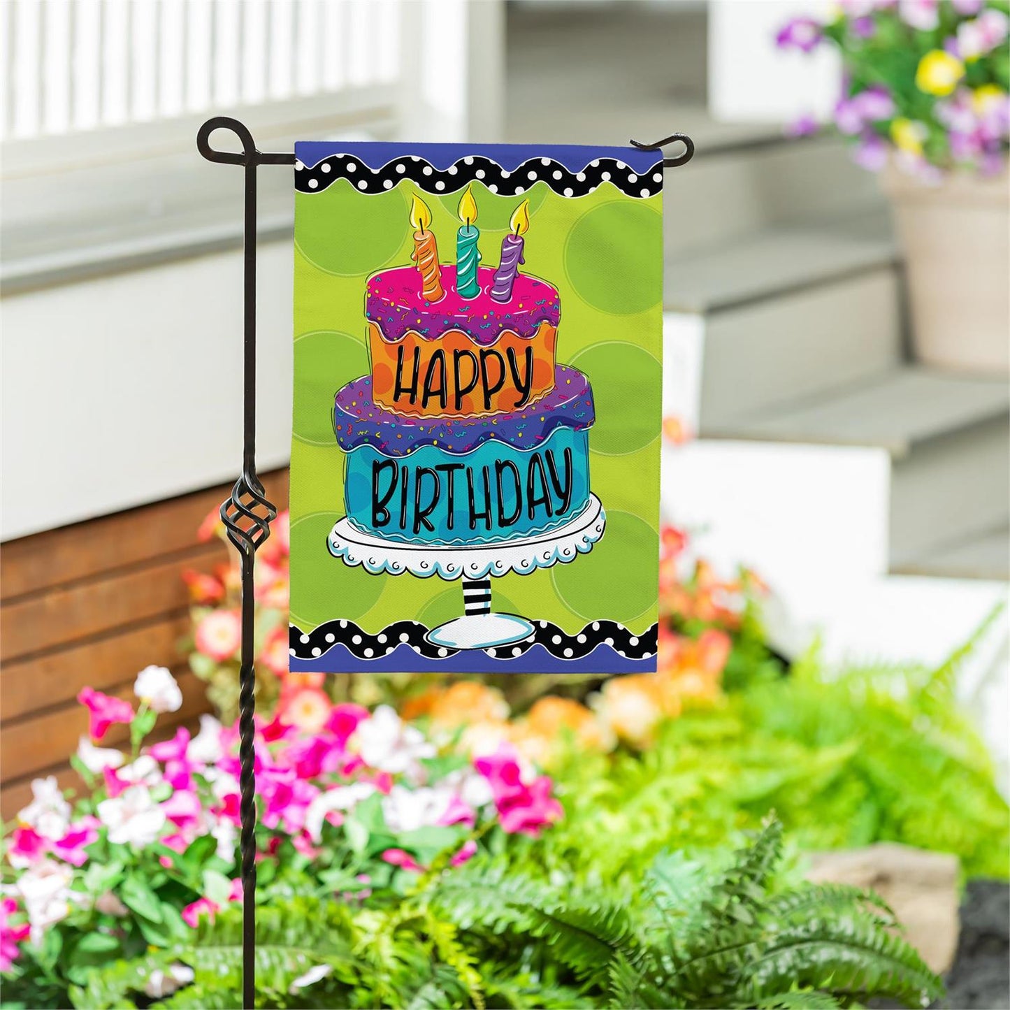 Ric Rac Happy Birthday Cake Burlap Garden Flag; Polyester 12.5"x18"