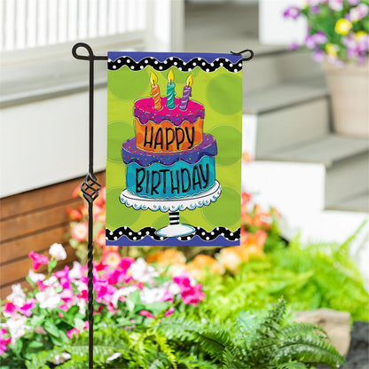 Ric Rac Happy Birthday Cake Burlap Garden Flag; Polyester 12.5"x18"