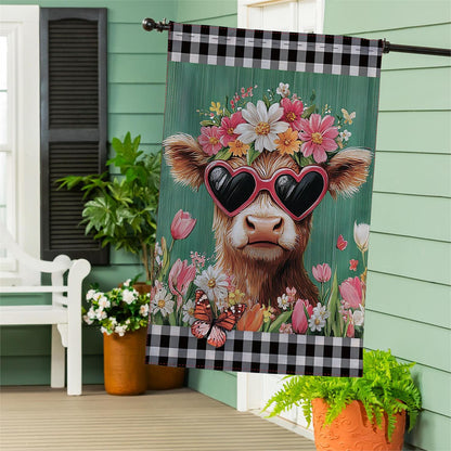 Floral Sunglasses Highland Cow Burlap House Flag; Polyester 28"x44"
