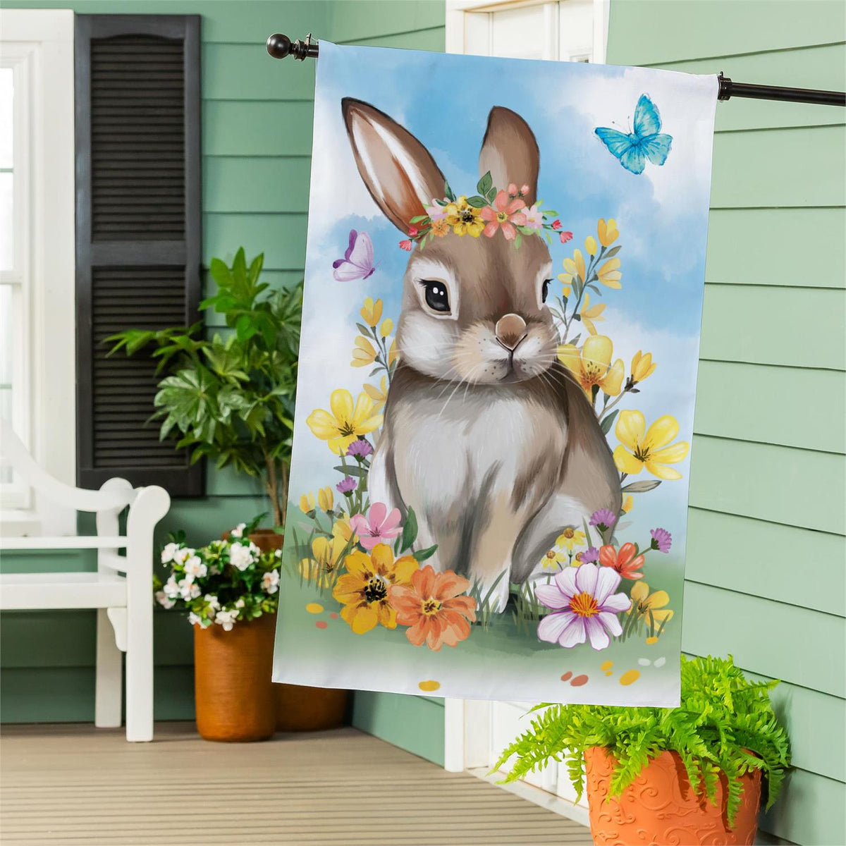 Bunny Blooms Burlap House Flag; Polyester 28"x44"
