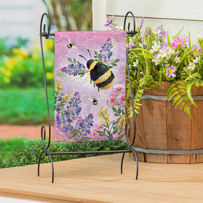 Pollinator Garden Pink Florals Bee Burlap Garden Flag; Polyester 12.5"x18"