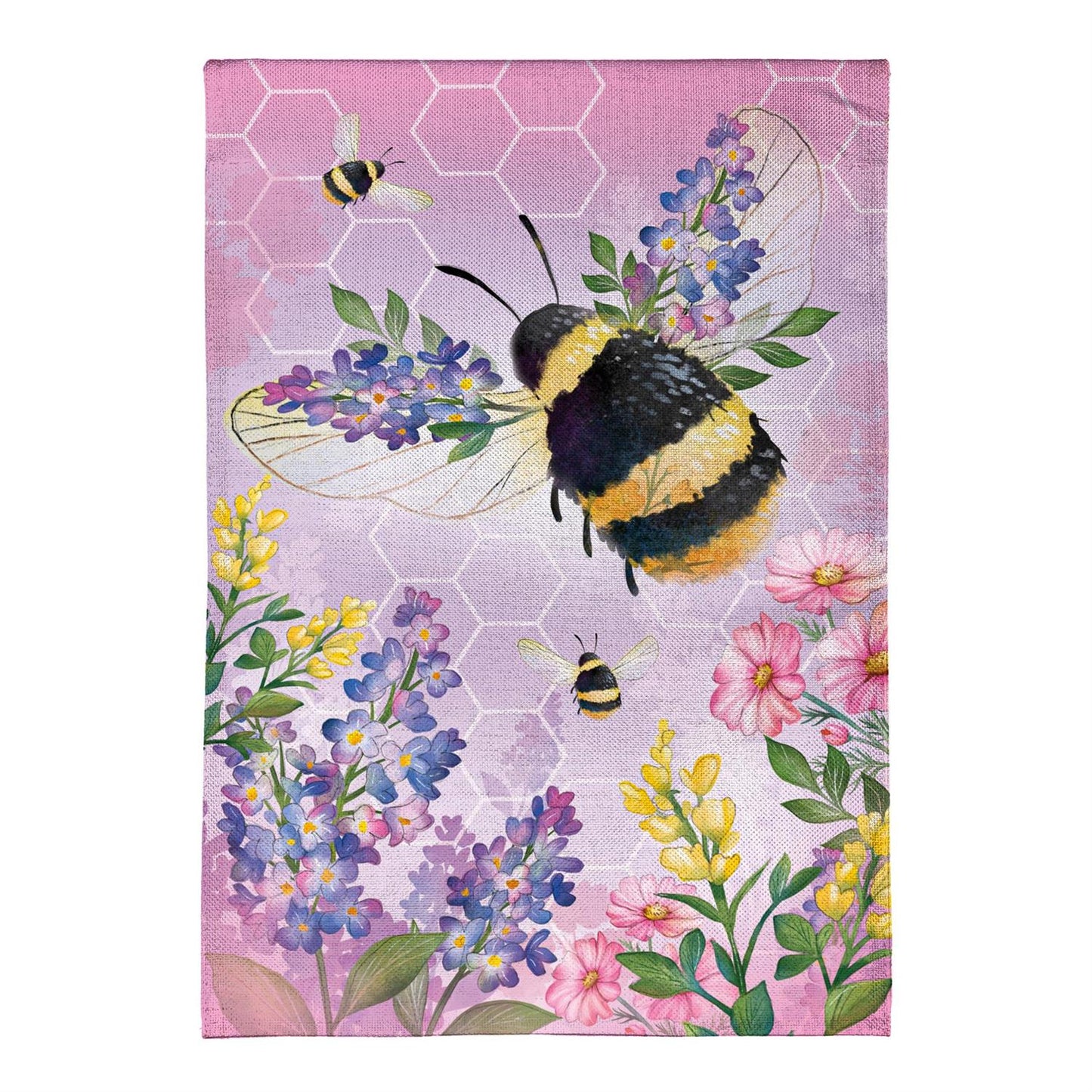 Pollinator Garden Pink Florals Bee Burlap Garden Flag; Polyester 12.5"x18"