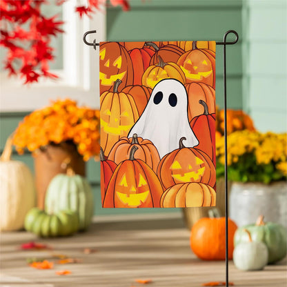 Pumpkin Patch Ghost Burlap Garden Flag; Polyester 12.5"x18"