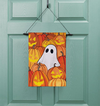 Pumpkin Patch Ghost Burlap Garden Flag; Polyester 12.5"x18"