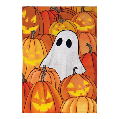Pumpkin Patch Ghost Burlap Garden Flag; Polyester 12.5"x18"