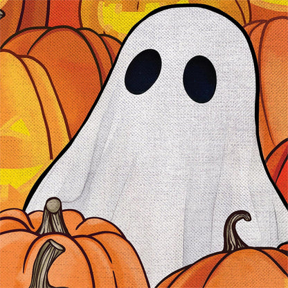 Pumpkin Patch Ghost Burlap Garden Flag; Polyester 12.5"x18"