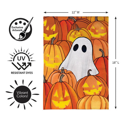 Pumpkin Patch Ghost Burlap Garden Flag; Polyester 12.5"x18"